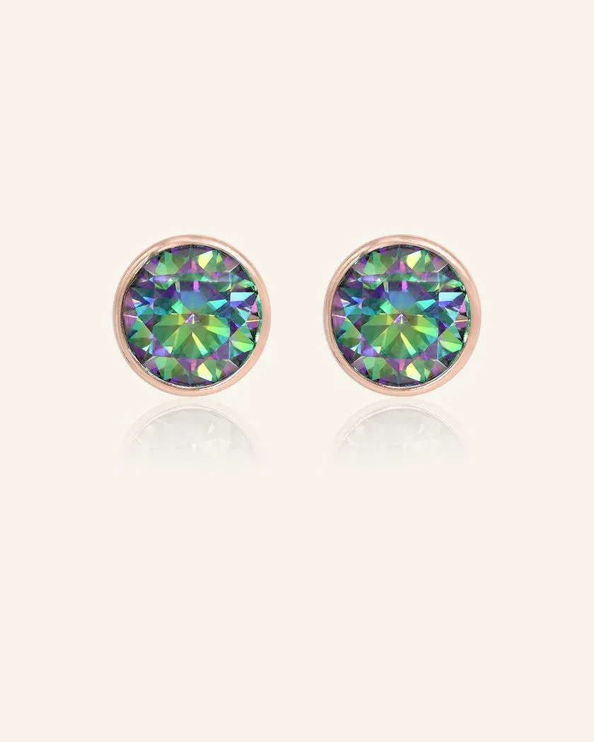 A pair of elegant earrings, each featuring a one carat mystic moissanite stone set in a bezel, with a rose gold setting.