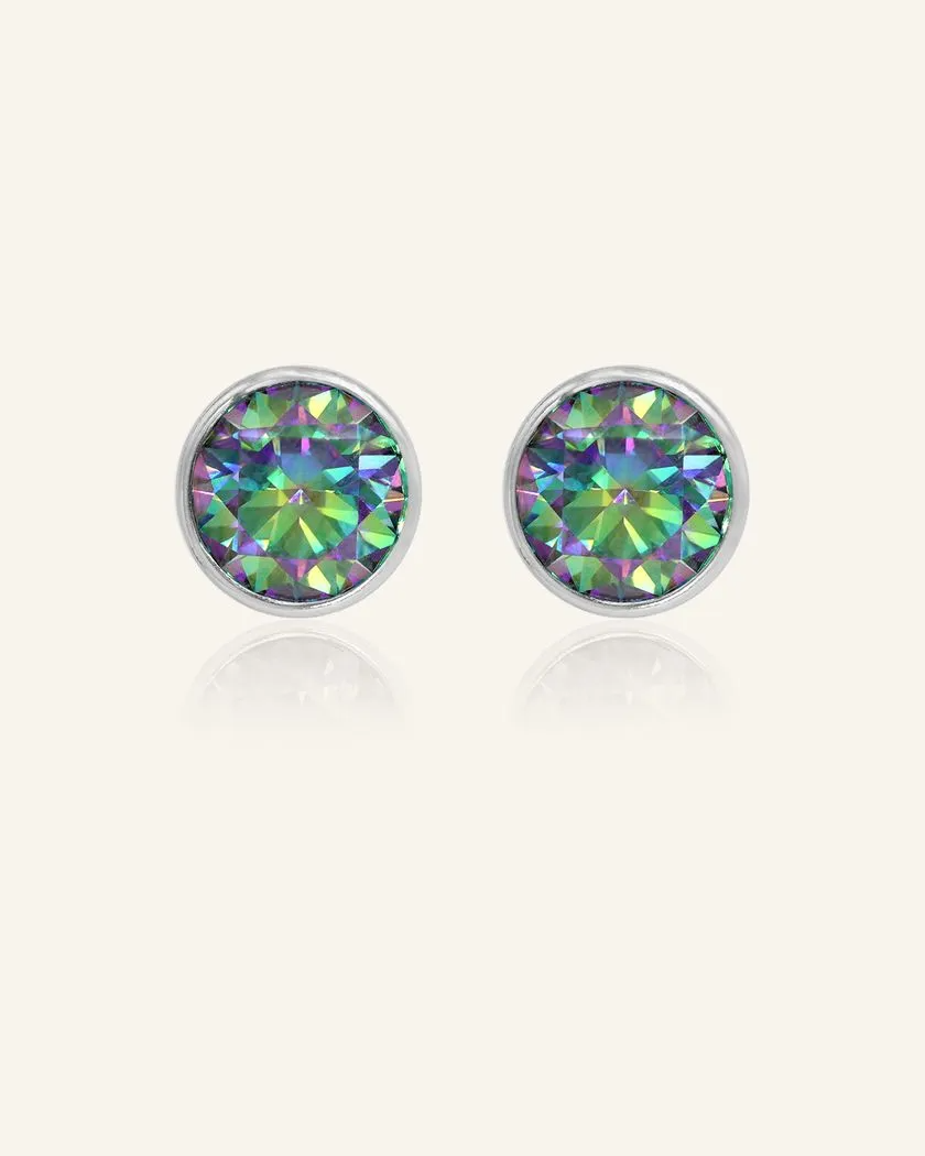 A pair of elegant earrings, each featuring a one carat mystic moissanite stone set in a bezel, with a silver setting.