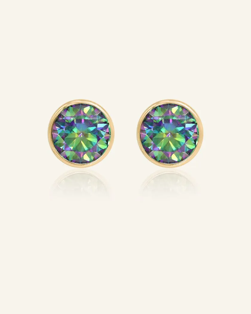 A pair of elegant earrings, each featuring a one carat mystic moissanite stone set in a bezel, with a yellow gold setting.