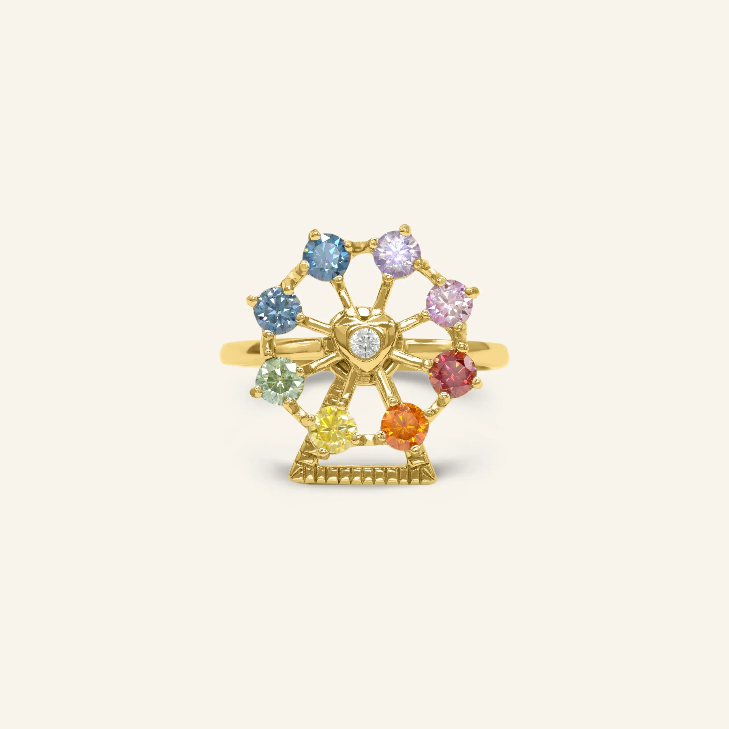 yellow gold ferris wheel spinner ring with vibrant rainbow moissanites for a unique, playful style.