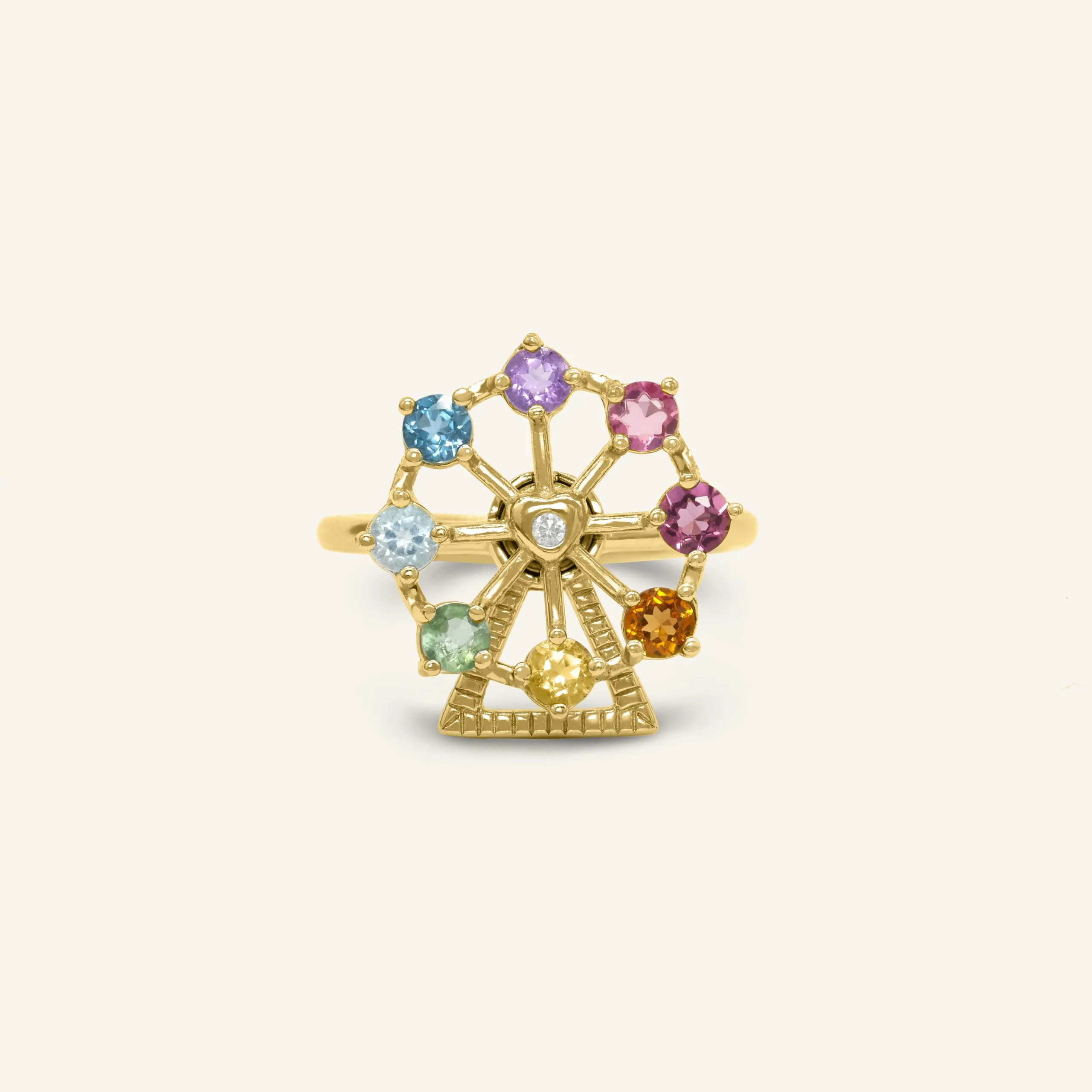 Handcrafted ferris wheel ring featuring vibrant natural gemstones and a spinning element."