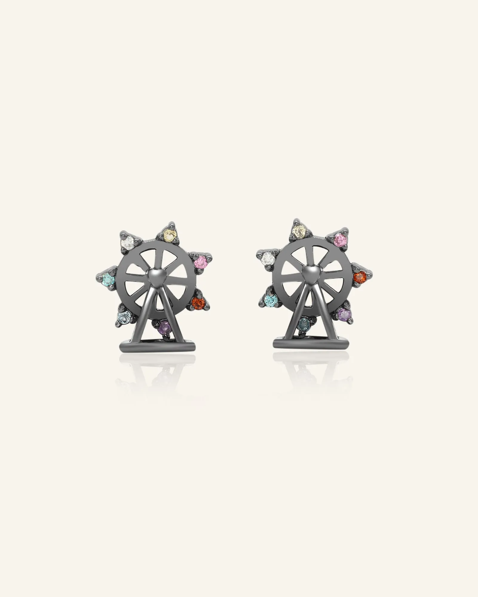 black gold petite spinning ferris wheel studs in semi precious stones and moissanite