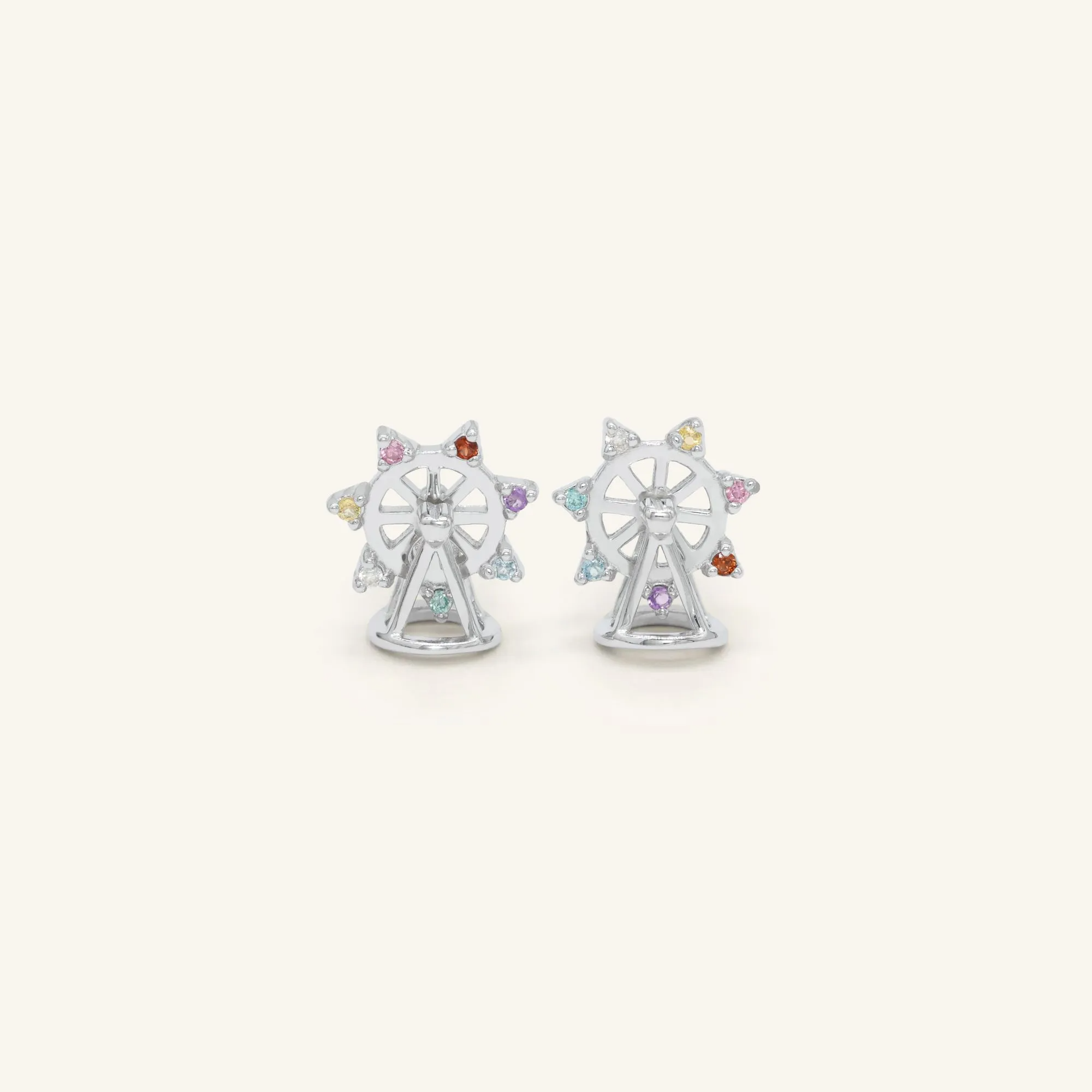 silver petite spinning ferris wheel studs in semi precious stones and moissanite
