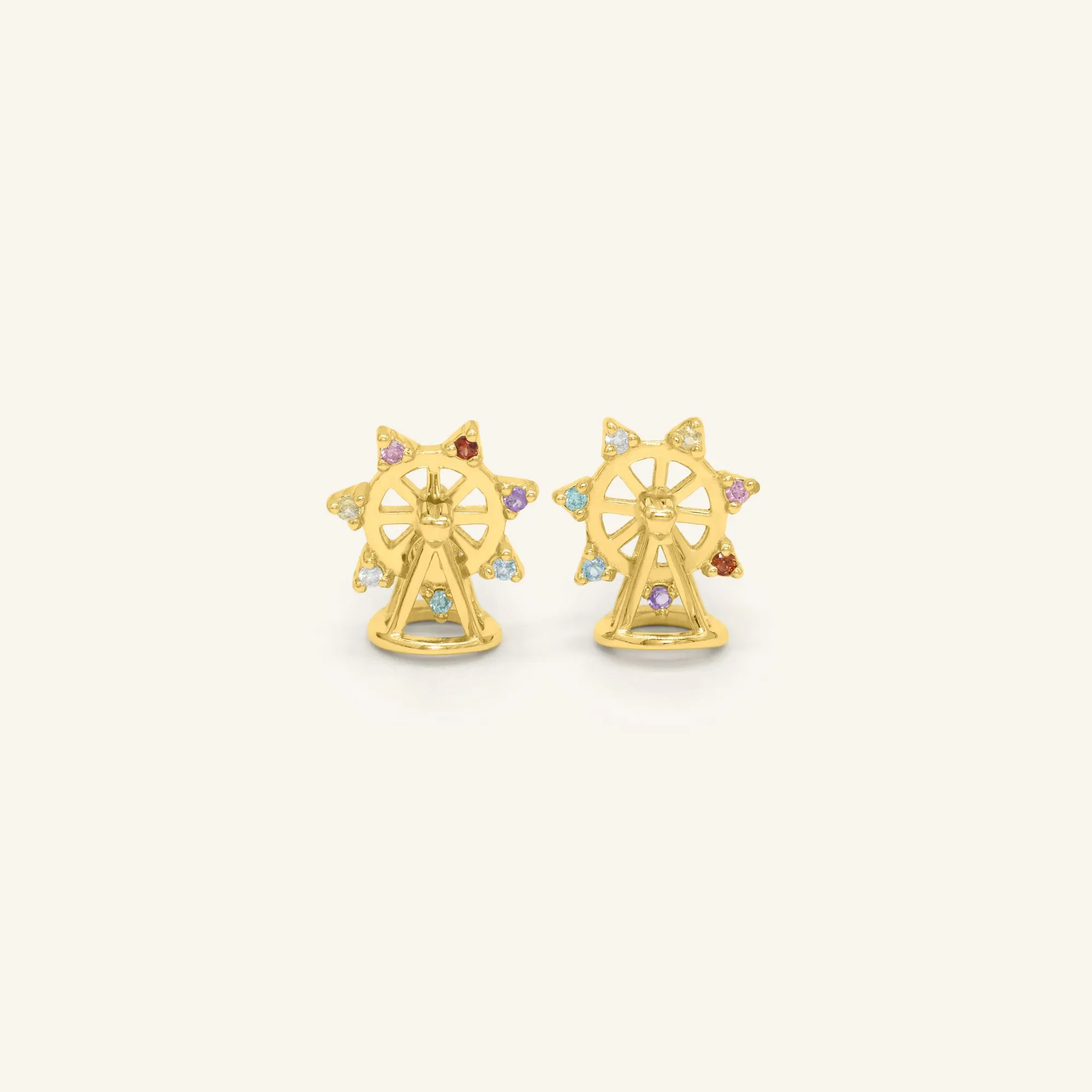 yellow gold petite spinning ferris wheel studs in semi precious stones and moissanite