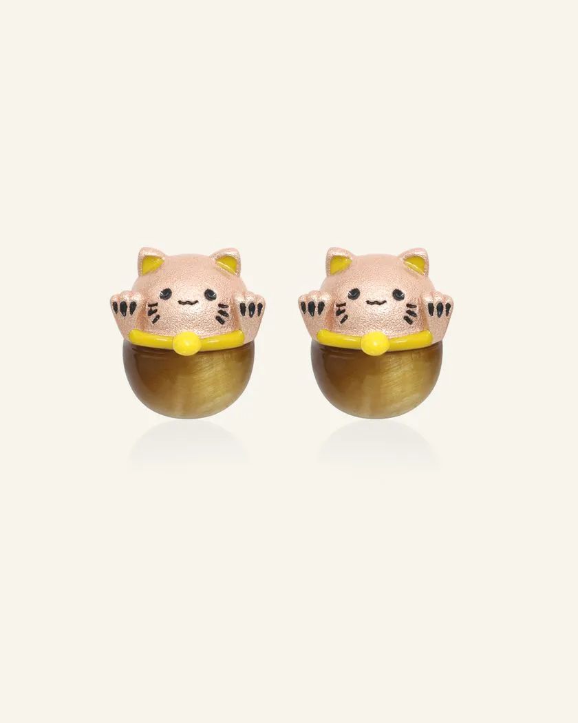 Rose gold fortune cat-inspired studs featuring adorable feline motifs, elegantly perched on polished tiger eye gemstones for a touch of charm and good fortune.