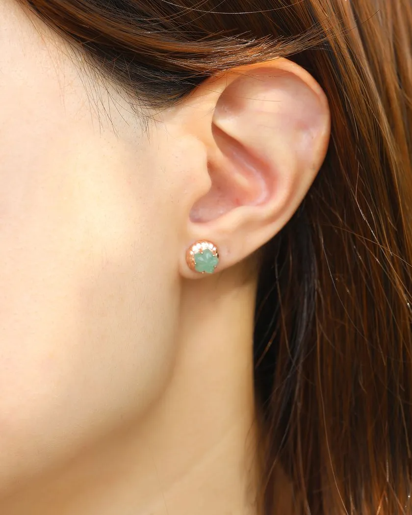 Model shot of the Rose gold iced gem biscuit studs featuring aventurine gemstones, inspired by nostalgic treats.