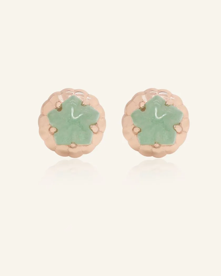 Front view of the Rose gold iced gem biscuit studs featuring aventurine gemstones, inspired by nostalgic treats.