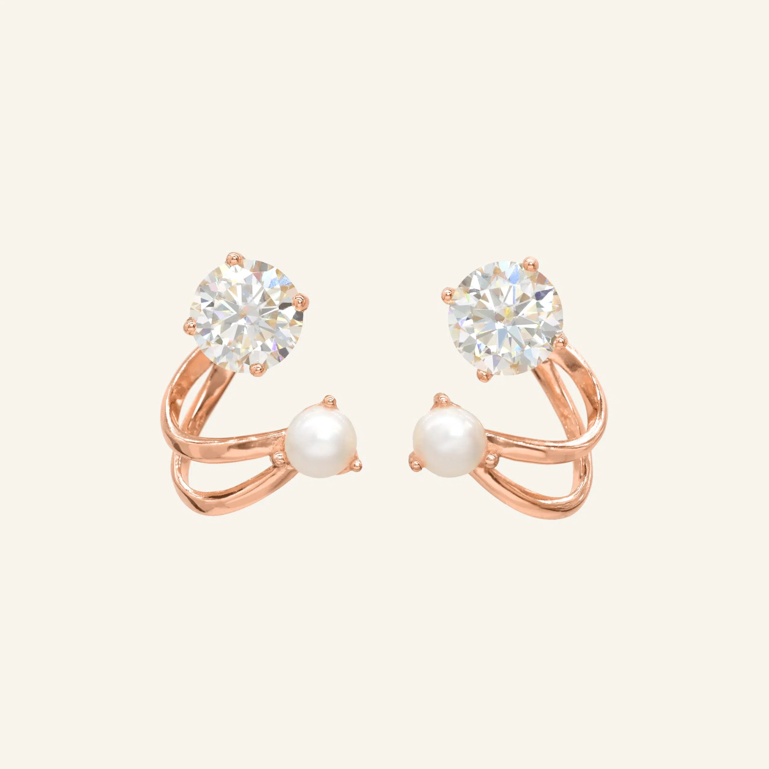 Illusion Ear Jackets Moissanite and Pearl Rose Gold Vermeil scaled