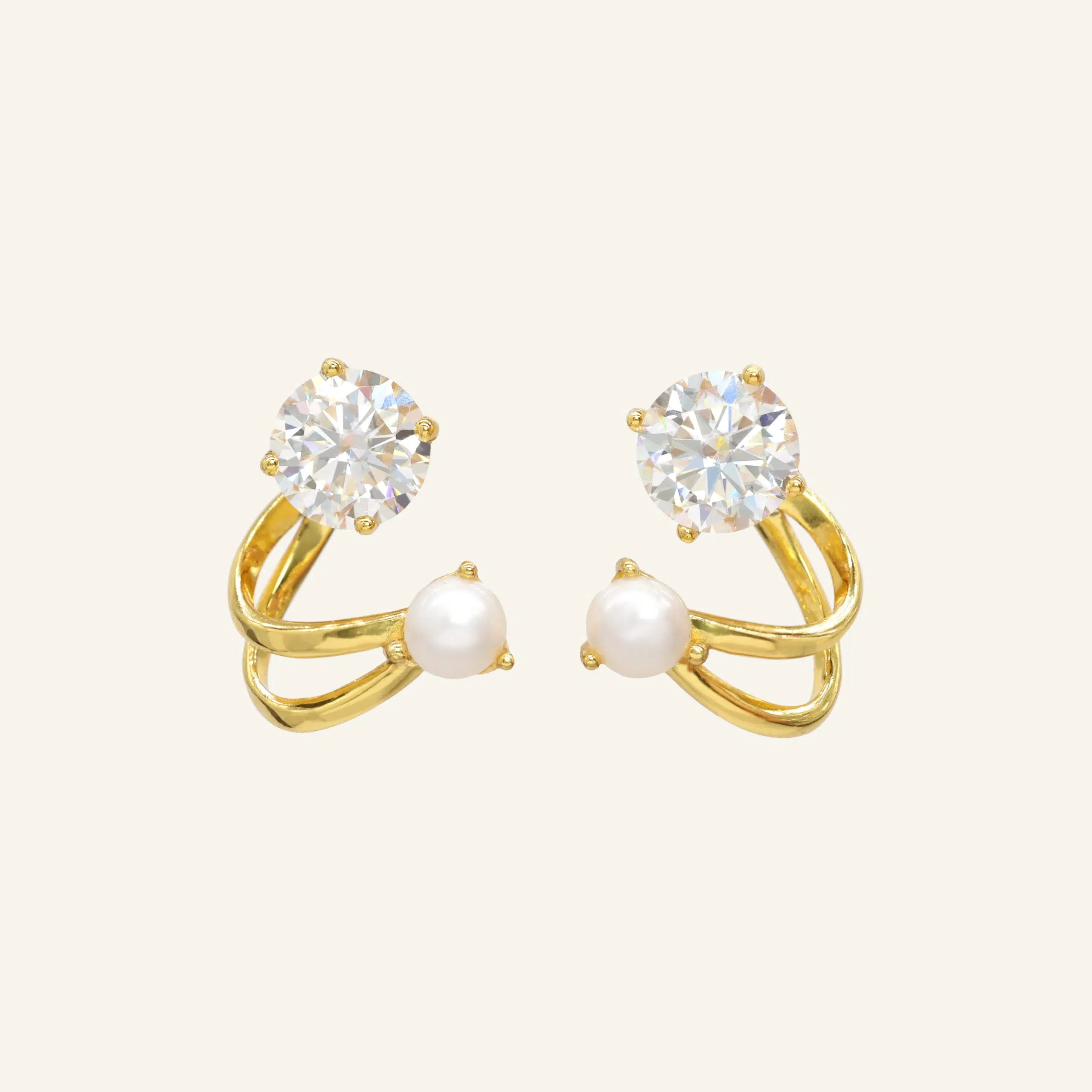 Illusion Ear Jackets Moissanite and Pearl Yellow Gold Vermeil scaled