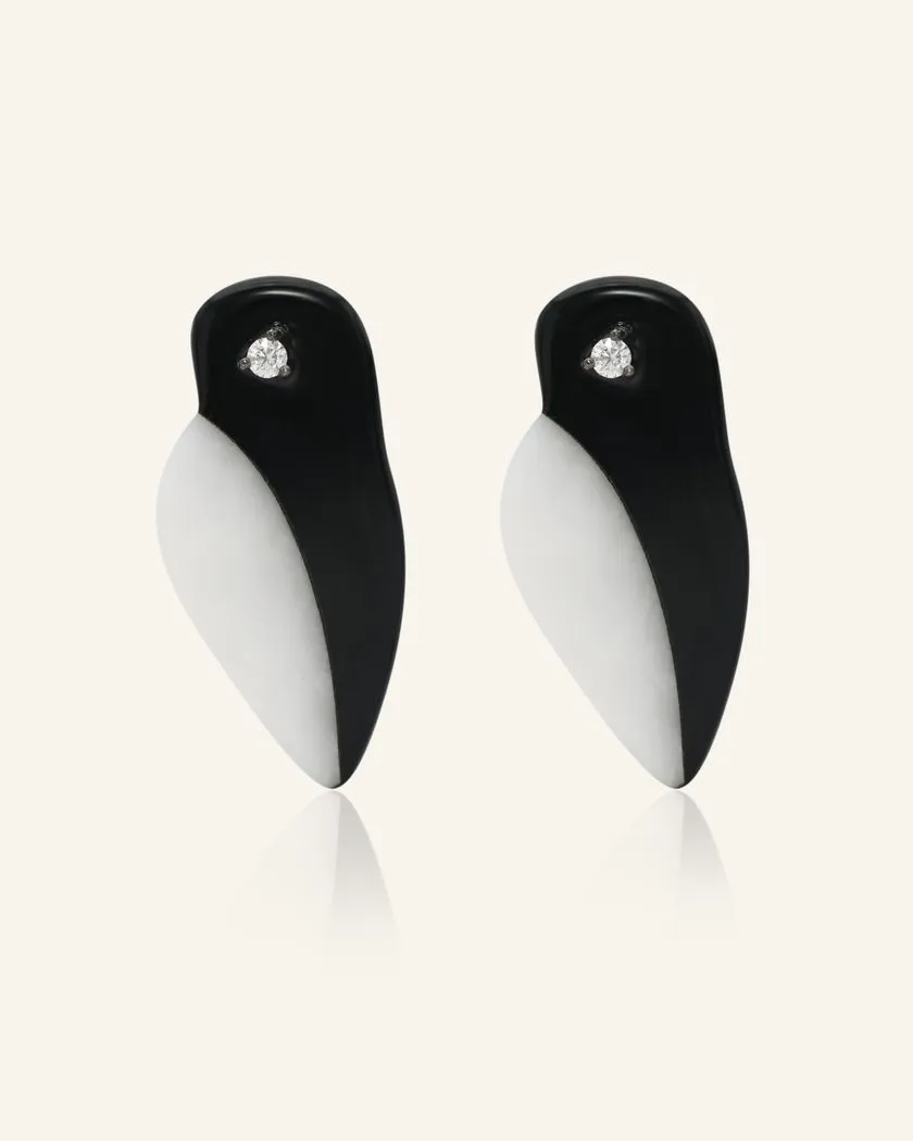 Penguin-shaped stud earrings crafted from polished agate, featuring a sparkling white moissanite eye.