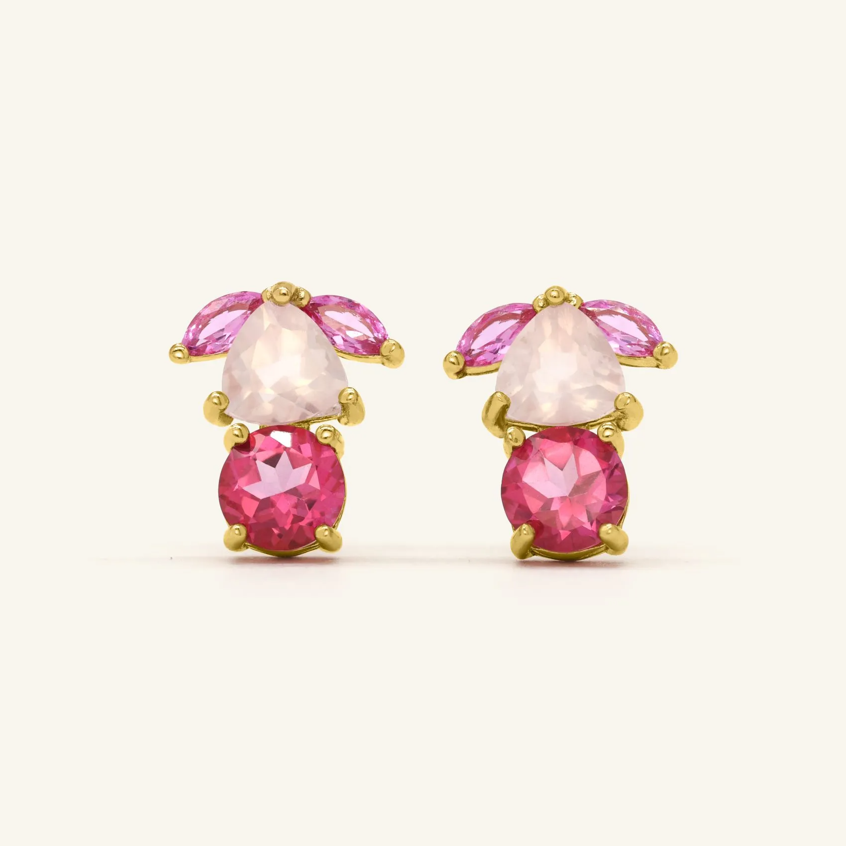 Piglet Origami Studs in yellow gold, featuring a delightful design inspired by Piglet, adorned with soft rose quartz and vibrant pink topaz gemstones.