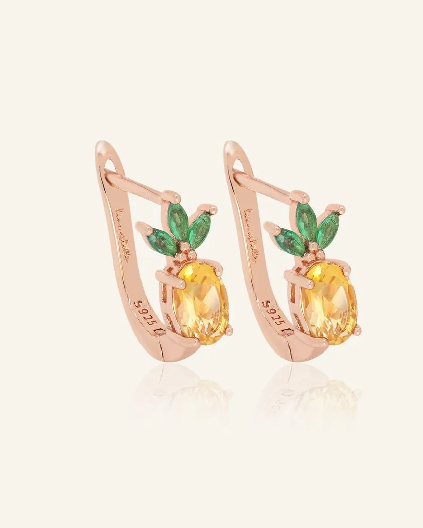 Elegant pineapple-inspired huggie earrings in rose gold, featuring vibrant oval-cut citrine gemstones as the pineapple body and green marquise cubic zirconia as leaves.