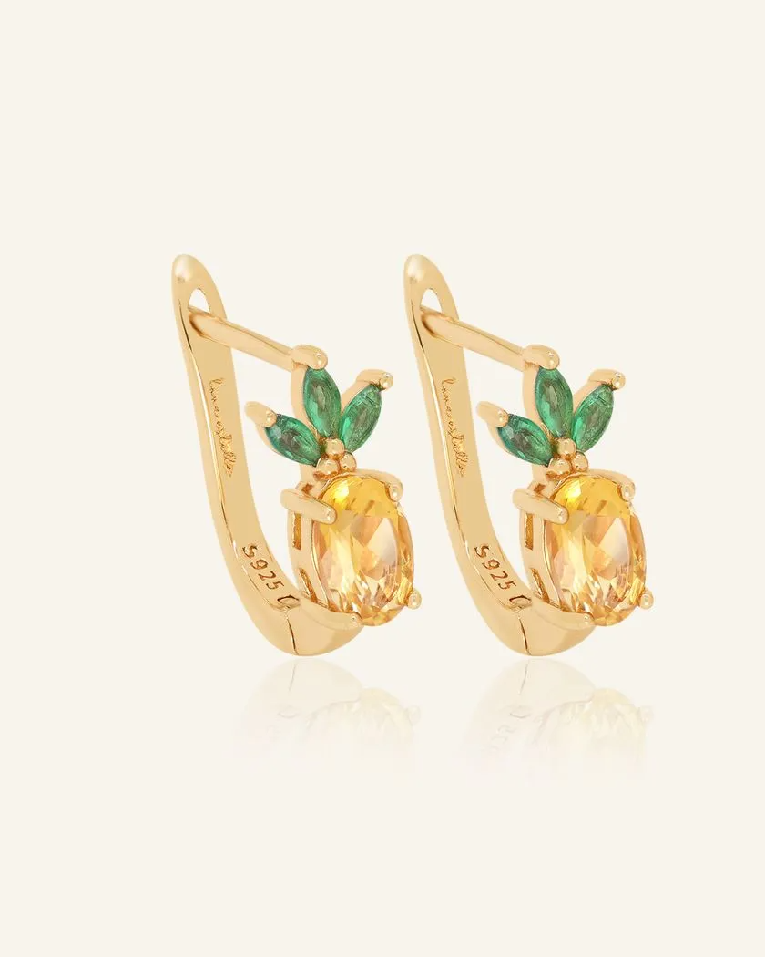 Elegant pineapple-inspired huggie earrings in yellow gold, featuring vibrant oval-cut citrine gemstones as the pineapple body and green marquise cubic zirconia as leaves.
