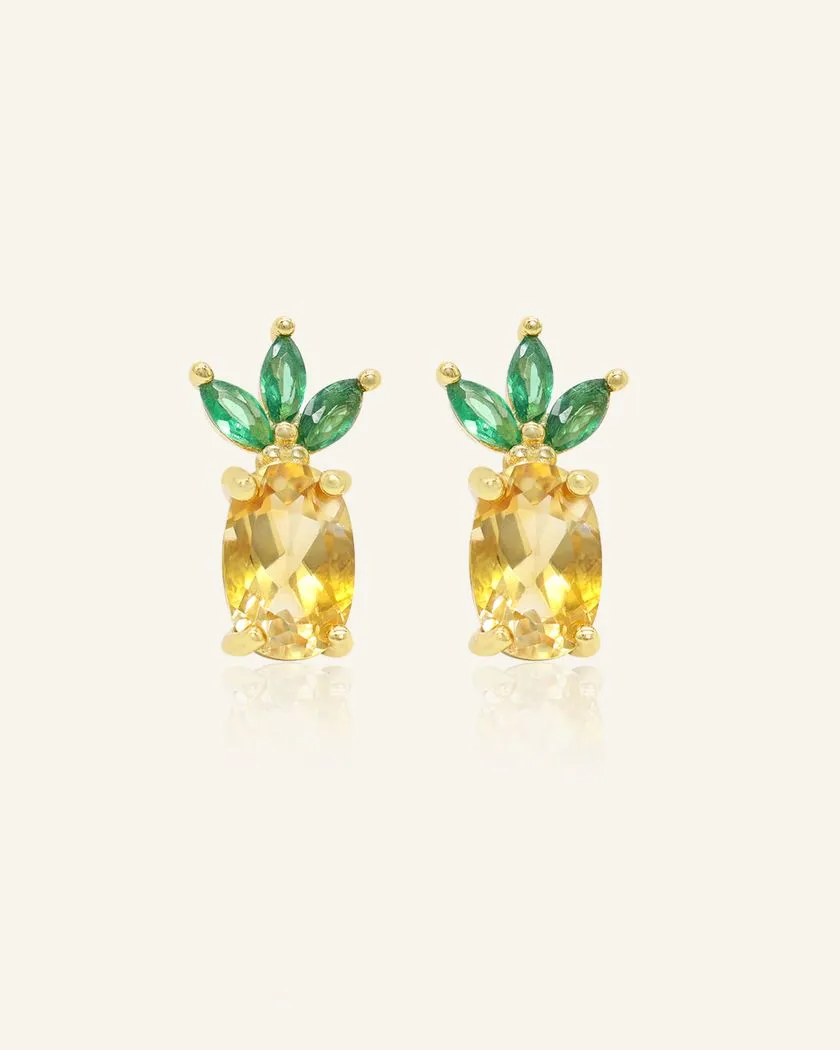 Elegant pineapple citrine studs in yellow gold, featuring a vibrant yellow citrine gemstone as the fruit and sparkling green marquise cubic zirconia as leaves, designed for a playful and luxurious touch.