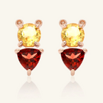 Pooh Origami Studs in rose gold, inspired by Winnie the Pooh, featuring a whimsical bear design with sparkling garnet and citrine gemstones.