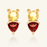 Pooh Origami Studs in yellow gold, inspired by Winnie the Pooh, featuring a whimsical bear design with sparkling garnet and citrine gemstones.