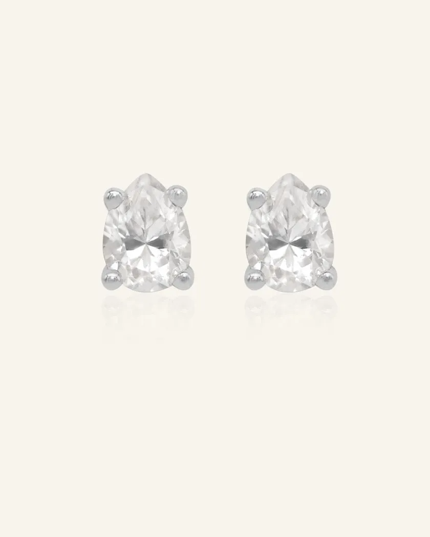 Elegant teardrop-shaped white moissanite stud earrings set in silver, showcasing a timeless and sparkling design.