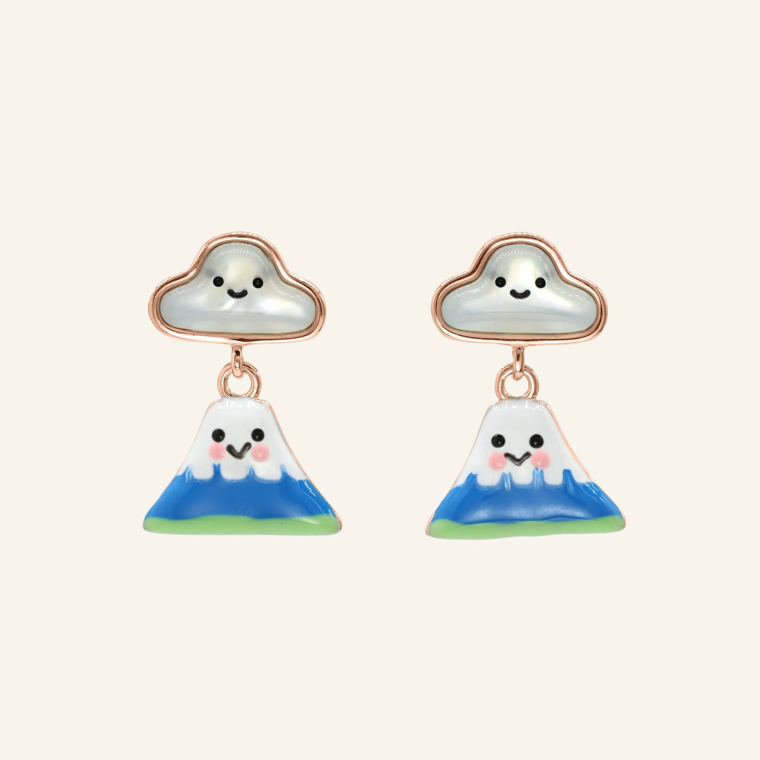 Close-up of a pair of rose gold fuji-san cloud mother-of-pearl studs