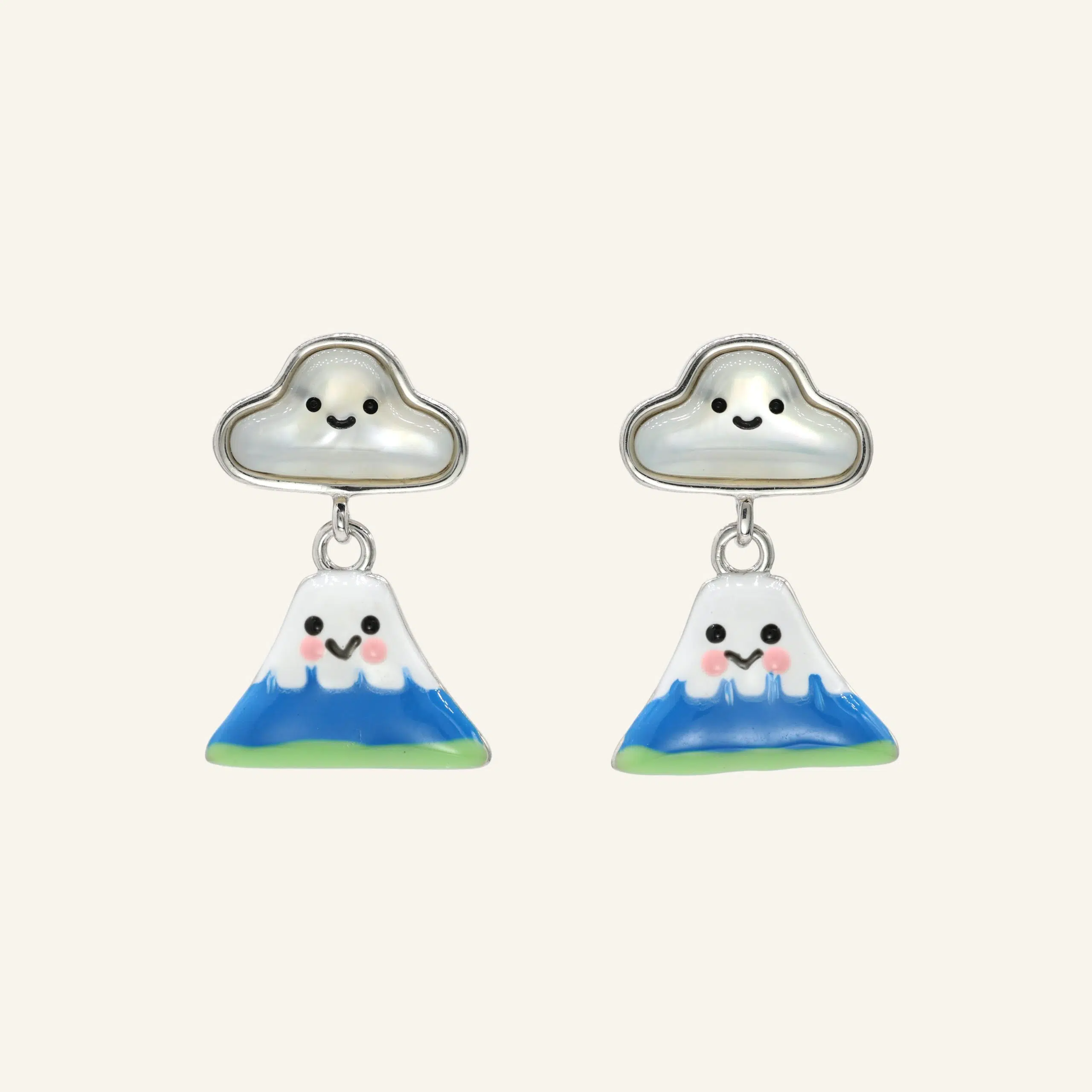 Close-up of a pair of silver fuji-san cloud mother-of-pearl studs